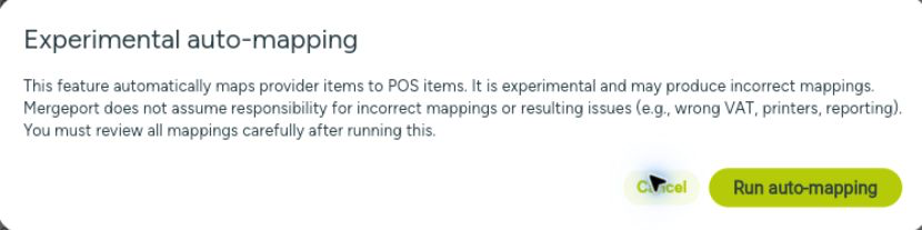 Experimental auto-mapping confirmation dialog with Cancel and Run auto-mapping.