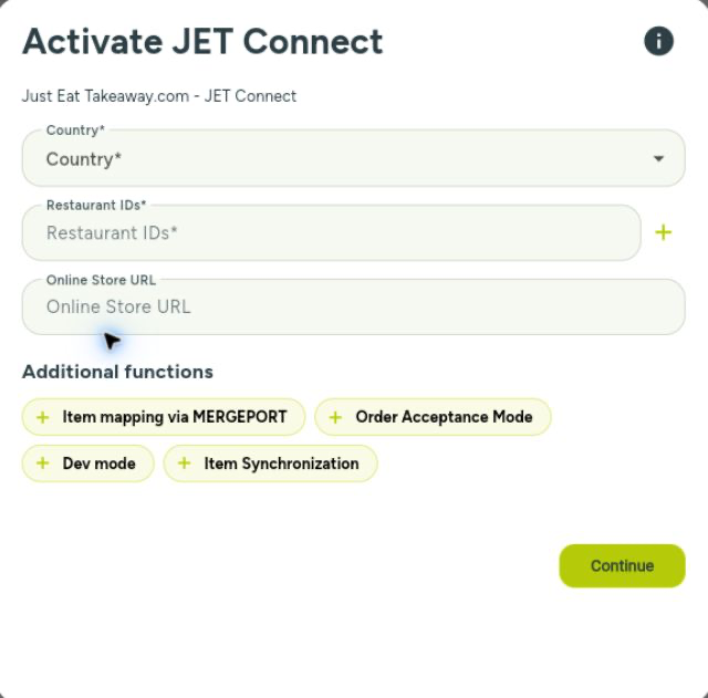 JET Connect form with Country, Restaurant IDs, the expanded Online Store URL field and Continue.